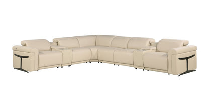 Beige Italian Leather Modular L Shaped Eight Piece Corner Sectional With Console HomeRoots