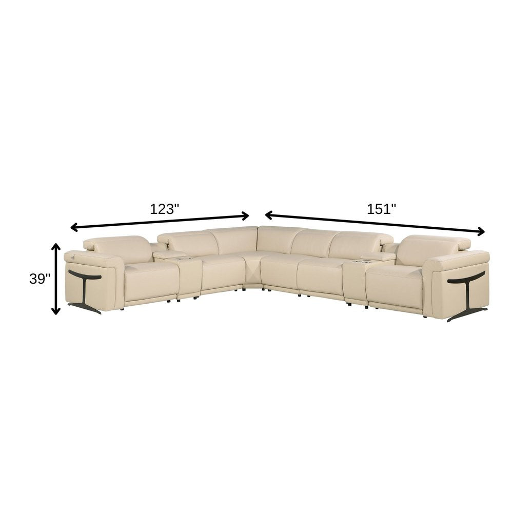 Beige Italian Leather Modular L Shaped Eight Piece Corner Sectional With Console HomeRoots