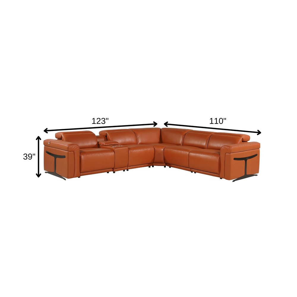 Camel Italian Leather Modular L Shaped Six Piece Corner Sectional With Console HomeRoots