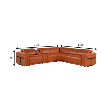 Camel Italian Leather Modular L Shaped Six Piece Corner Sectional With Console HomeRoots