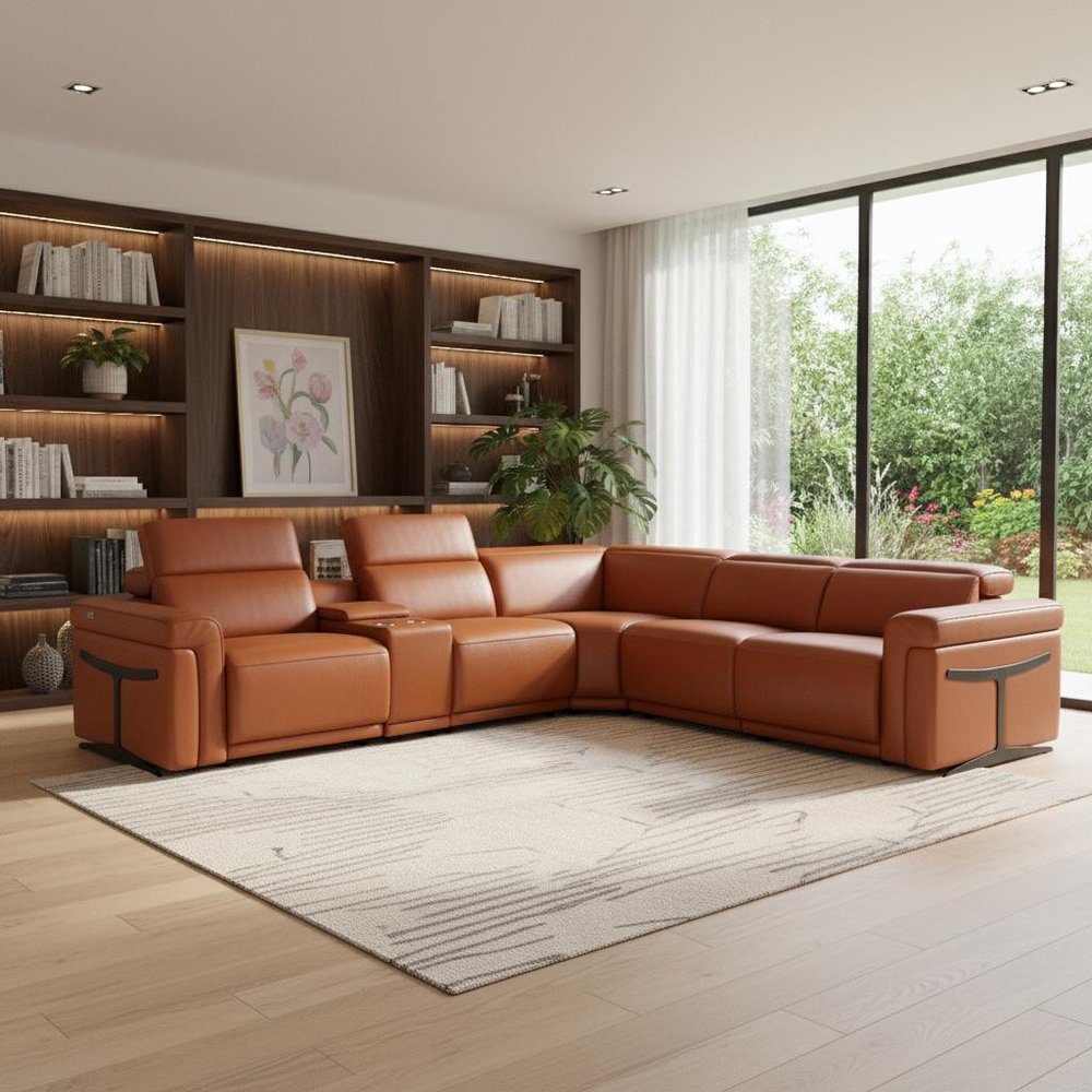 Camel Italian Leather Modular L Shaped Six Piece Corner Sectional With Console HomeRoots