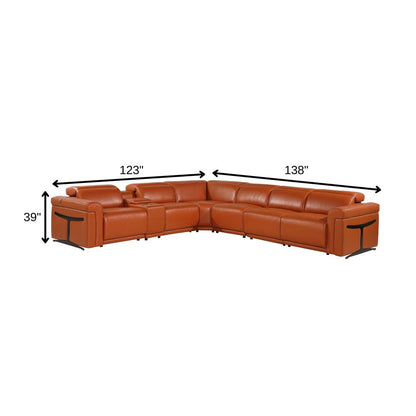 Camel Italian Leather Modular L Shaped Seven Piece Corner Sectional With Console HomeRoots