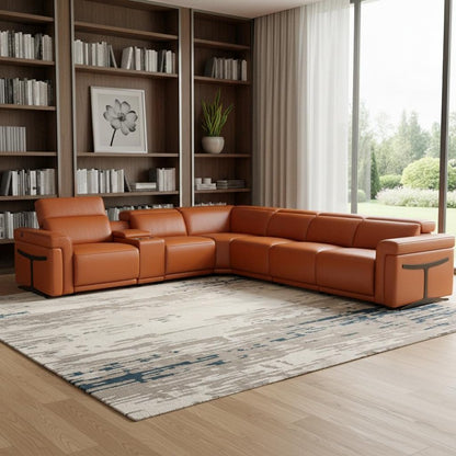 Camel Italian Leather Modular L Shaped Seven Piece Corner Sectional With Console HomeRoots