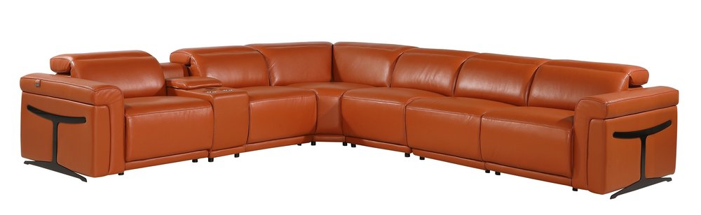 Camel Italian Leather Modular L Shaped Seven Piece Corner Sectional With Console HomeRoots