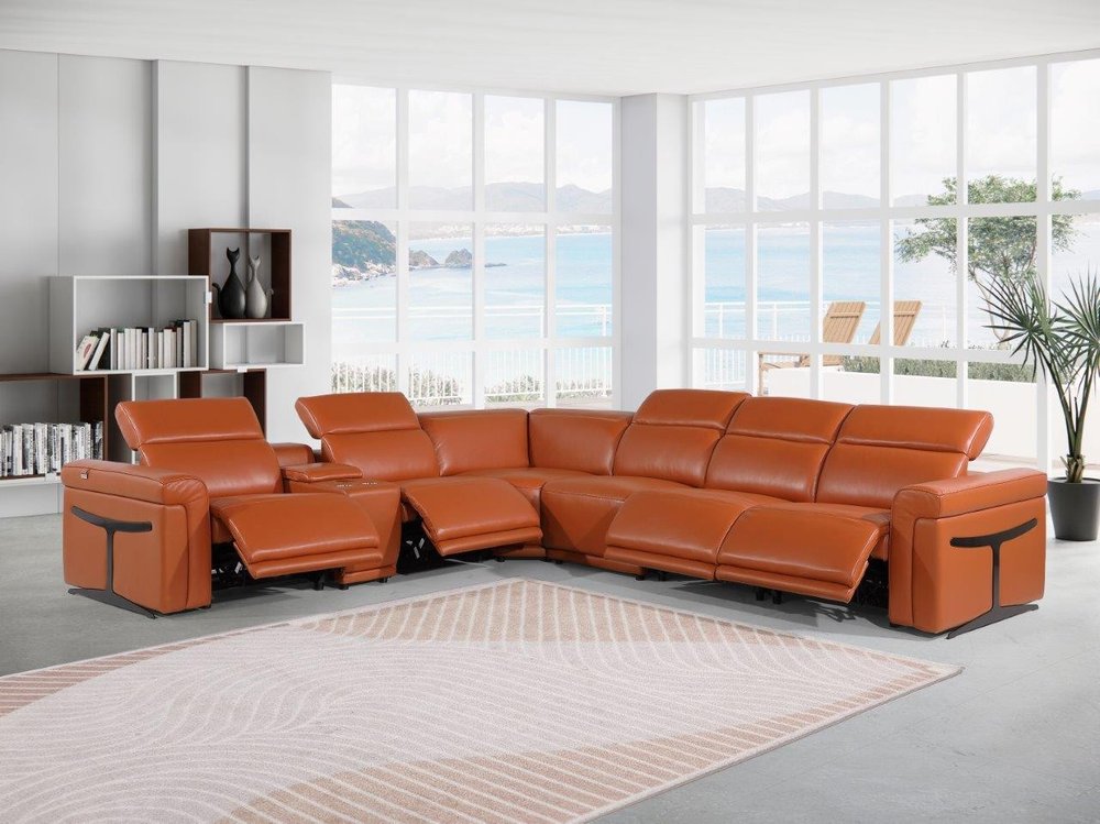 Camel Italian Leather Modular L Shaped Seven Piece Corner Sectional With Console - FurniFindUSA