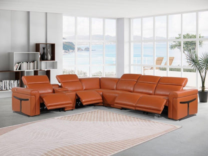 Camel Italian Leather Modular L Shaped Seven Piece Corner Sectional With Console - FurniFindUSA