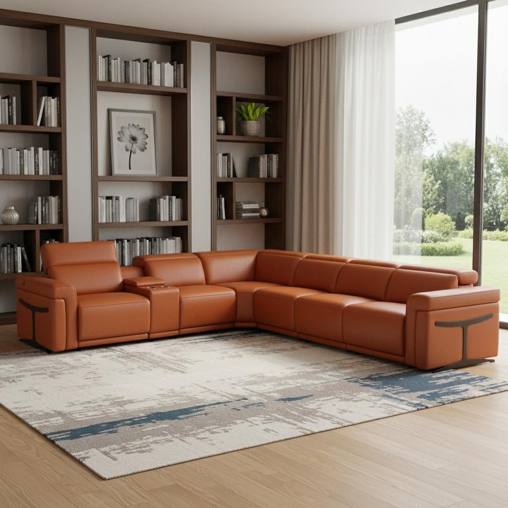 Camel Italian Leather Modular L Shaped Seven Piece Corner Sectional With Console HomeRoots