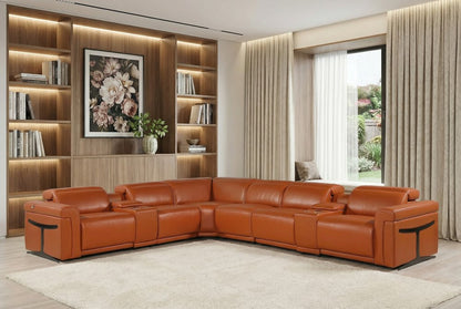 Camel Italian Leather Modular L Shaped Eight Piece Corner Sectional With Console HomeRoots