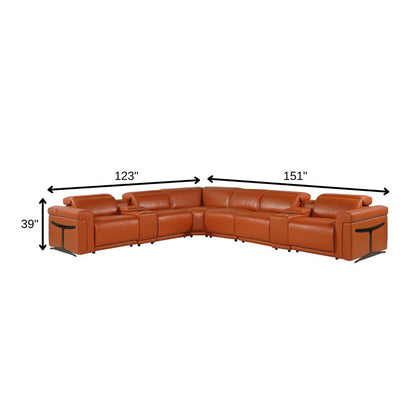 Camel Italian Leather Modular L Shaped Eight Piece Corner Sectional With Console HomeRoots