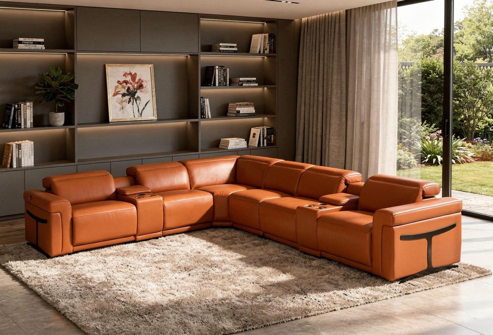 Camel Italian Leather Modular L Shaped Eight Piece Corner Sectional With Console HomeRoots