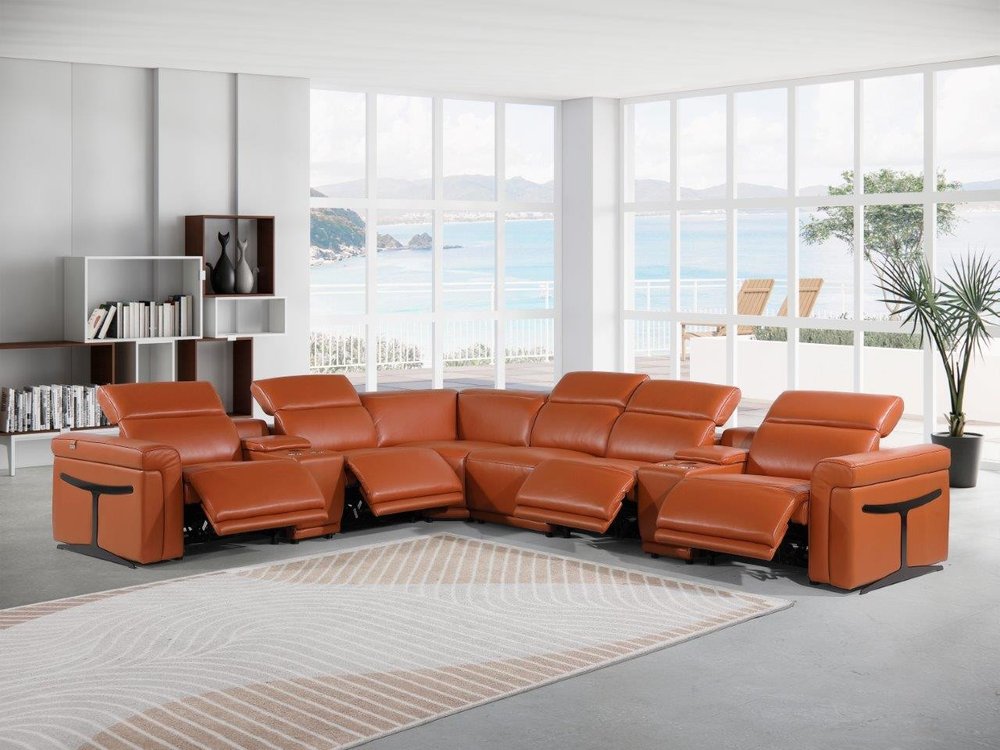 Camel Italian Leather Modular L Shaped Eight Piece Corner Sectional With Console HomeRoots