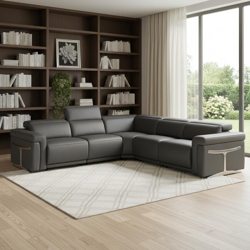 Gray Italian Leather Modular L Shaped Five Piece Corner Sectional HomeRoots