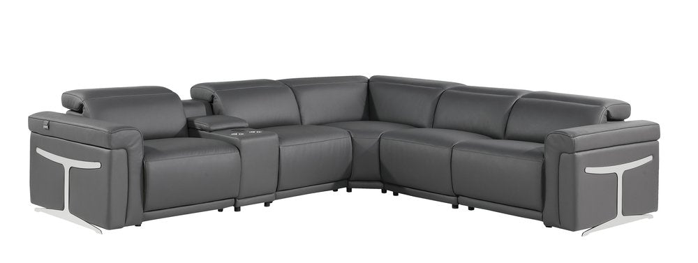 Gray Italian Leather Modular L Shaped Six Piece Corner Sectional With Console HomeRoots