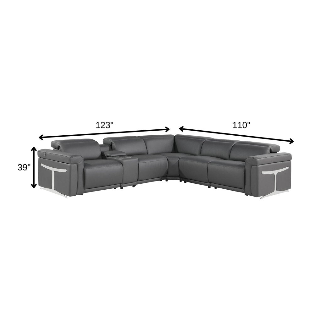 Gray Italian Leather Modular L Shaped Six Piece Corner Sectional With Console HomeRoots