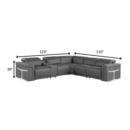 Gray Italian Leather Modular L Shaped Six Piece Corner Sectional With Console HomeRoots