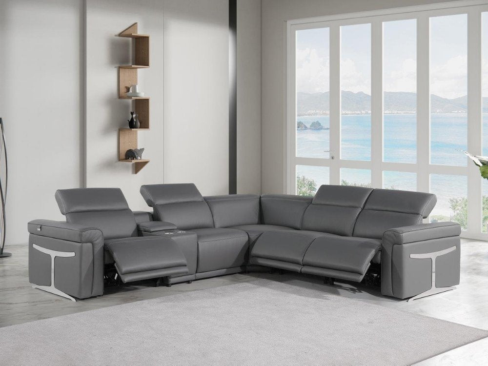Gray Italian Leather Modular L Shaped Six Piece Corner Sectional With Console HomeRoots