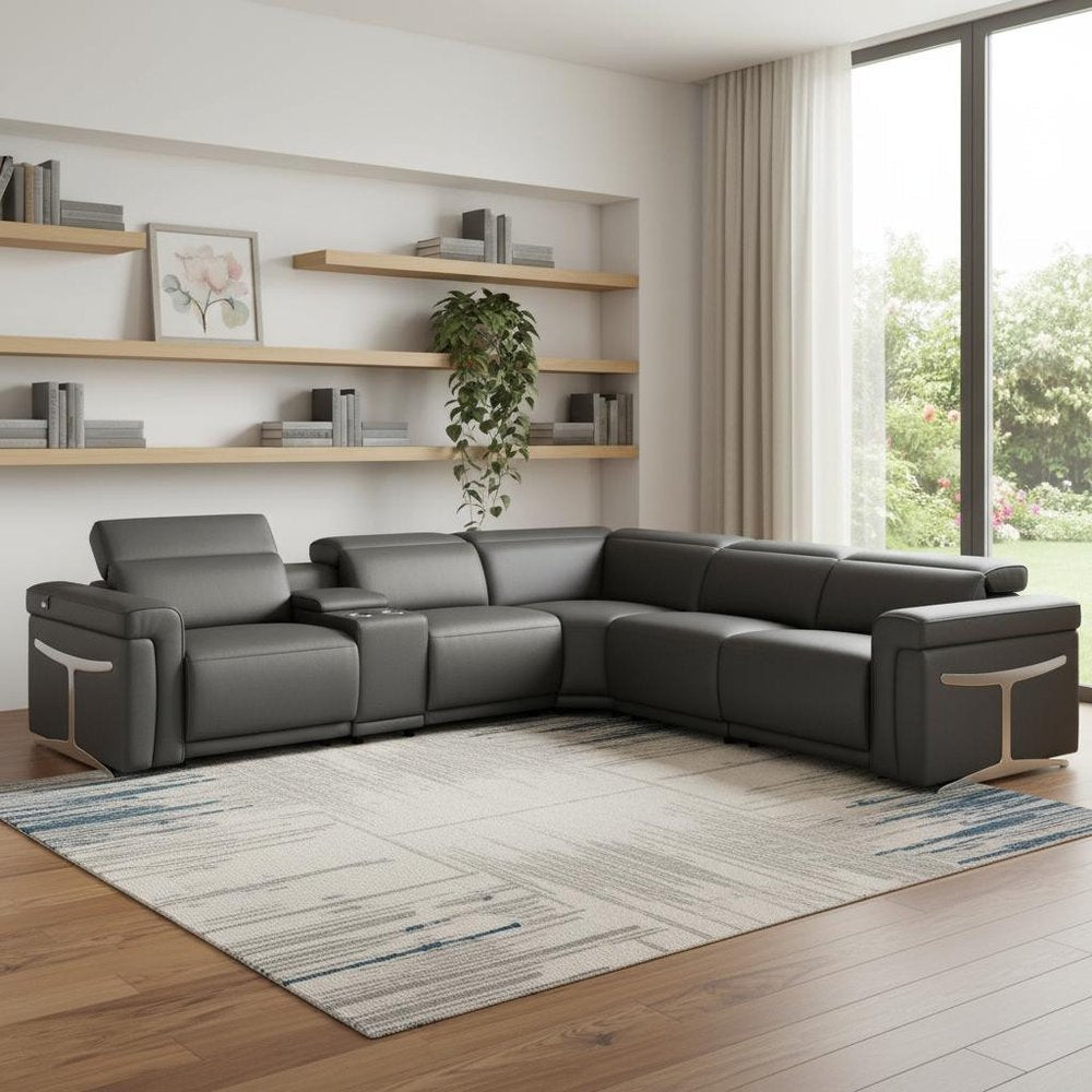 Gray Italian Leather Modular L Shaped Six Piece Corner Sectional With Console HomeRoots