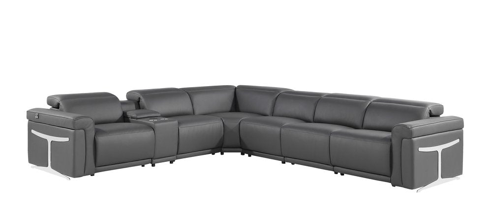 Gray Italian Leather Modular L Shaped Seven Piece Corner Sectional With Console HomeRoots