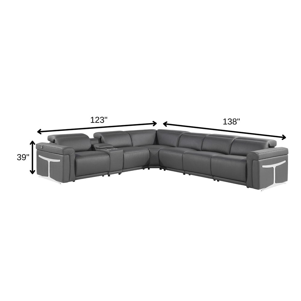 Gray Italian Leather Modular L Shaped Seven Piece Corner Sectional With Console HomeRoots