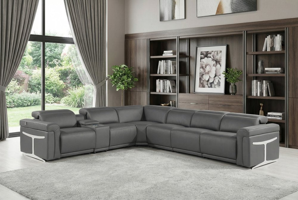 Gray Italian Leather Modular L Shaped Seven Piece Corner Sectional With Console HomeRoots
