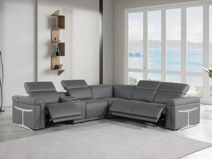 Gray Italian Leather Modular L Shaped Seven Piece Corner Sectional With Console - FurniFindUSA