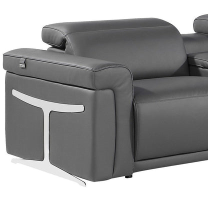Gray Italian Leather Modular L Shaped Seven Piece Corner Sectional With Console - FurniFindUSA