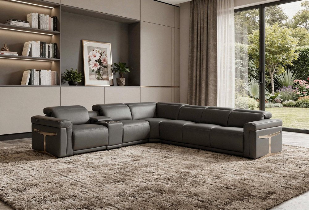 Gray Italian Leather Modular L Shaped Seven Piece Corner Sectional With Console HomeRoots
