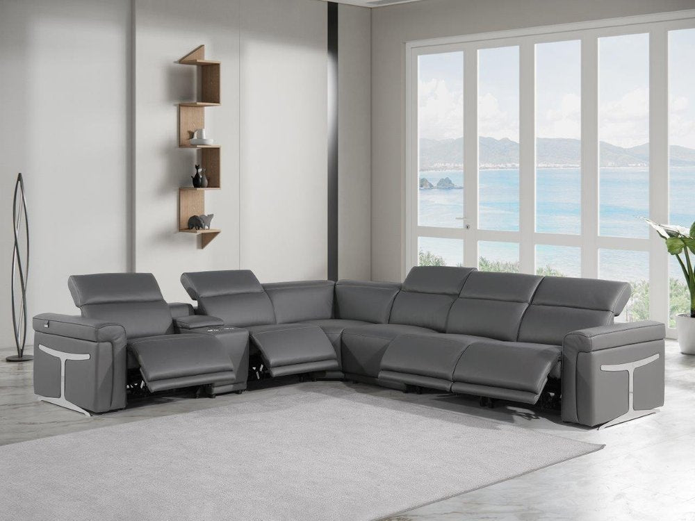 Gray Italian Leather Modular L Shaped Seven Piece Corner Sectional With Console HomeRoots
