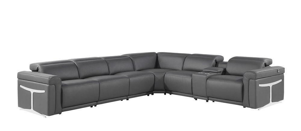 Gray Italian Leather Modular L Shaped Seven Piece Corner Sectional With Console HomeRoots