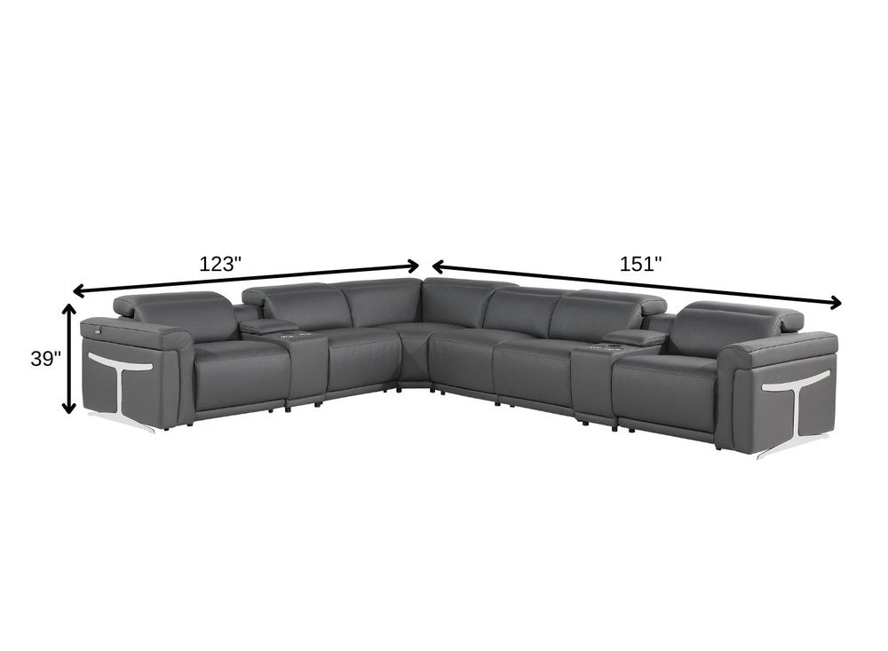 Gray Italian Leather Modular L Shaped Eight Piece Corner Sectional With Console HomeRoots