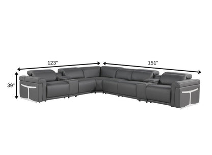 Gray Italian Leather Modular L Shaped Eight Piece Corner Sectional With Console HomeRoots
