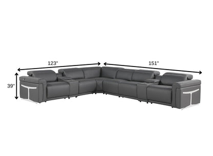 Gray Italian Leather Modular L Shaped Eight Piece Corner Sectional With Console - FurniFindUSA