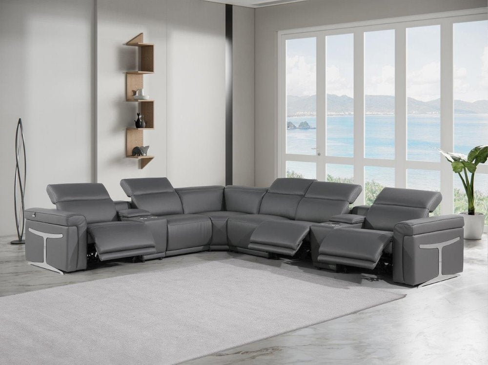 Gray Italian Leather Modular L Shaped Eight Piece Corner Sectional With Console - FurniFindUSA