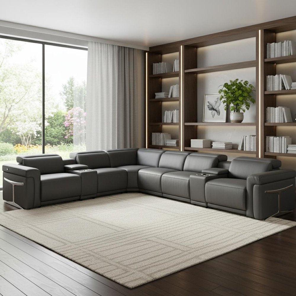 Gray Italian Leather Modular L Shaped Eight Piece Corner Sectional With Console HomeRoots