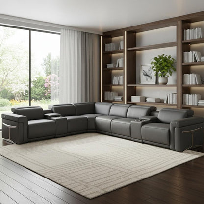 Gray Italian Leather Modular L Shaped Eight Piece Corner Sectional With Console - FurniFindUSA