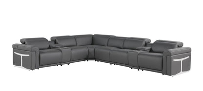 Gray Italian Leather Modular L Shaped Eight Piece Corner Sectional With Console - FurniFindUSA