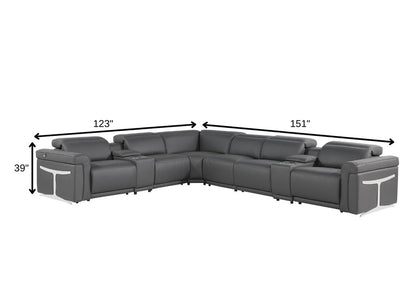 Gray Italian Leather Modular L Shaped Eight Piece Corner Sectional With Console - FurniFindUSA