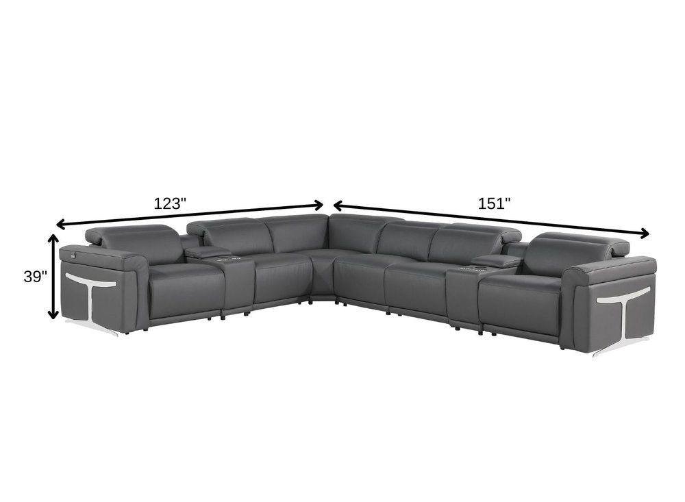 Gray Italian Leather Modular L Shaped Eight Piece Corner Sectional With Console HomeRoots