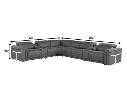 Gray Italian Leather Modular L Shaped Eight Piece Corner Sectional With Console HomeRoots