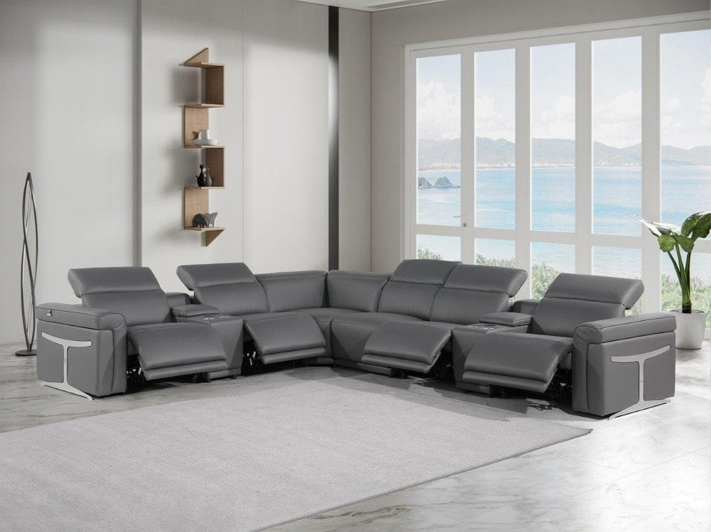 Gray Italian Leather Modular L Shaped Eight Piece Corner Sectional With Console - FurniFindUSA