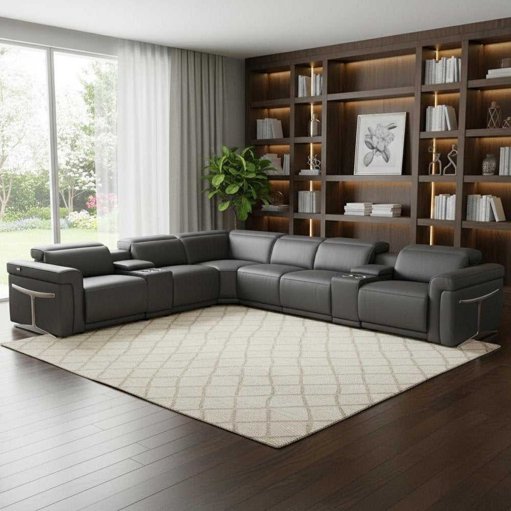 Gray Italian Leather Modular L Shaped Eight Piece Corner Sectional With Console HomeRoots