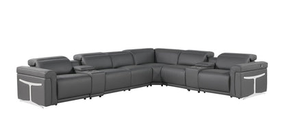 Gray Italian Leather Modular L Shaped Eight Piece Corner Sectional With Console - FurniFindUSA