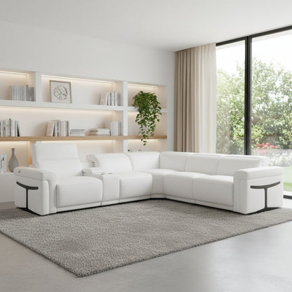 White Italian Leather Modular L Shaped Six Piece Corner Sectional With Console - FurniFindUSA