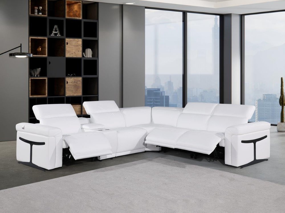 White Italian Leather Modular L Shaped Six Piece Corner Sectional With Console - FurniFindUSA