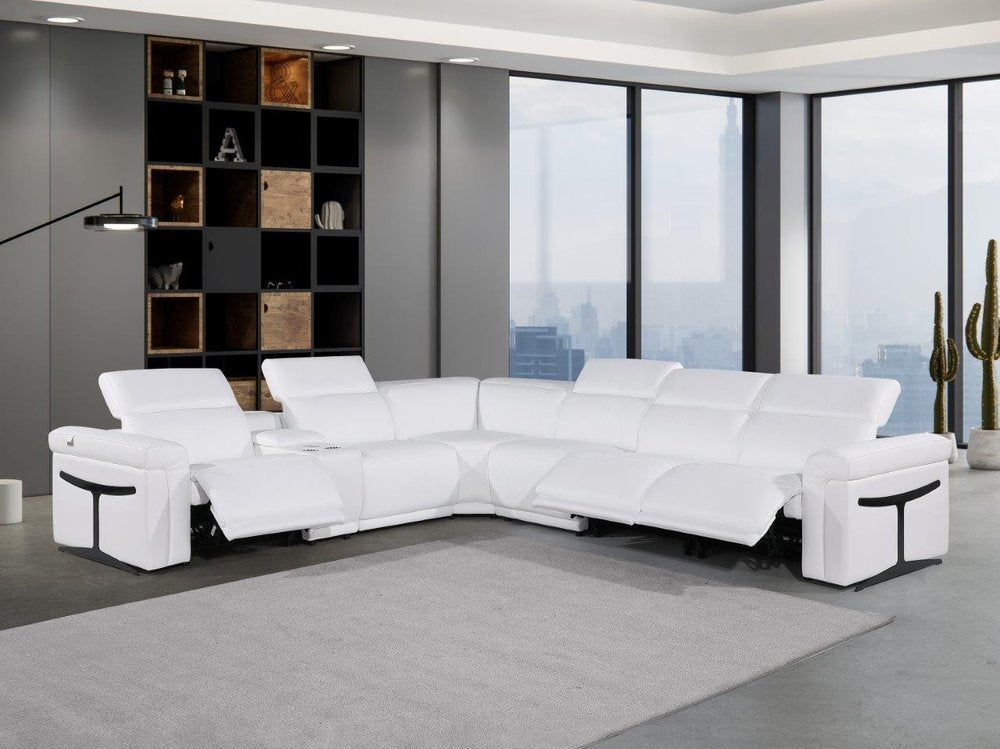 White Italian Leather Modular L Shaped Seven Piece Corner Sectional With Console - FurniFindUSA