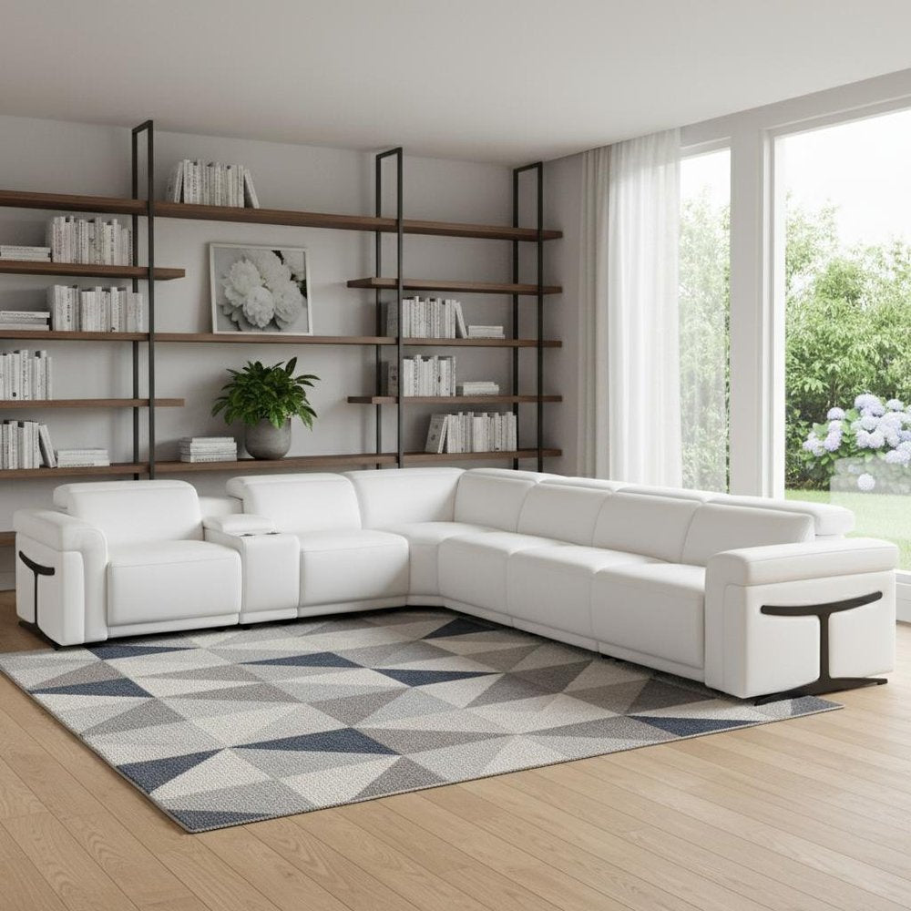 White Italian Leather Modular L Shaped Seven Piece Corner Sectional With Console HomeRoots