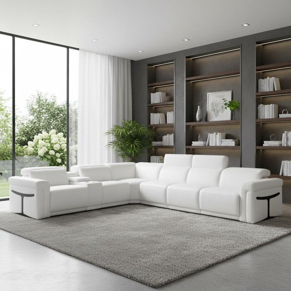 White Italian Leather Modular L Shaped Seven Piece Corner Sectional With Console HomeRoots