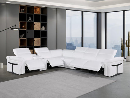 White Italian Leather Modular L Shaped Seven Piece Corner Sectional With Console - FurniFindUSA