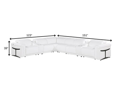 White Italian Leather Modular L Shaped Eight Piece Corner Sectional With Console - FurniFindUSA