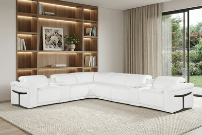 White Italian Leather Modular L Shaped Eight Piece Corner Sectional With Console - FurniFindUSA
